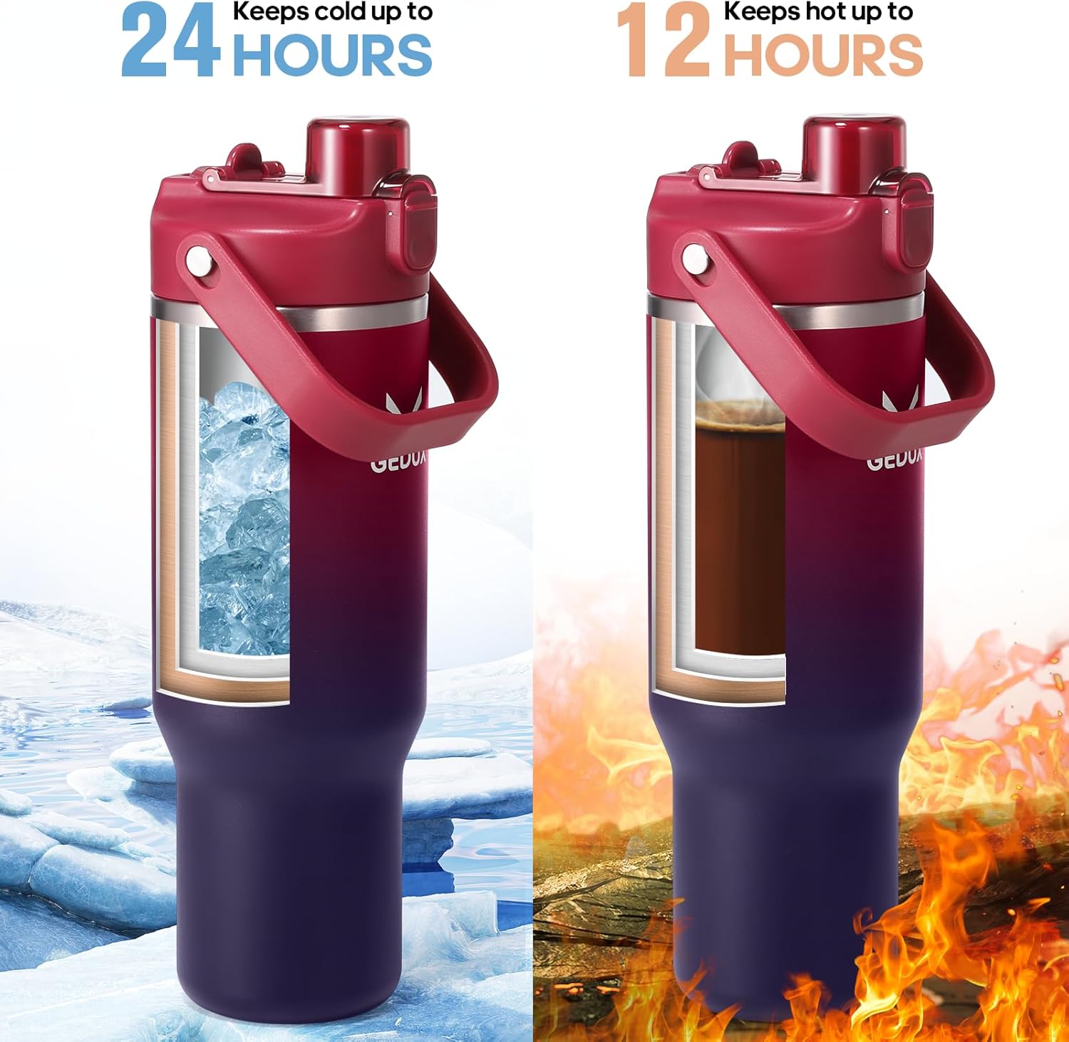 32 oz Stainless Steel Tumbler with Handle and Straw, Vacuum Insulated Water Bottle with 2-in-1 Lid (Chug/Straw) and Silicone Boot
