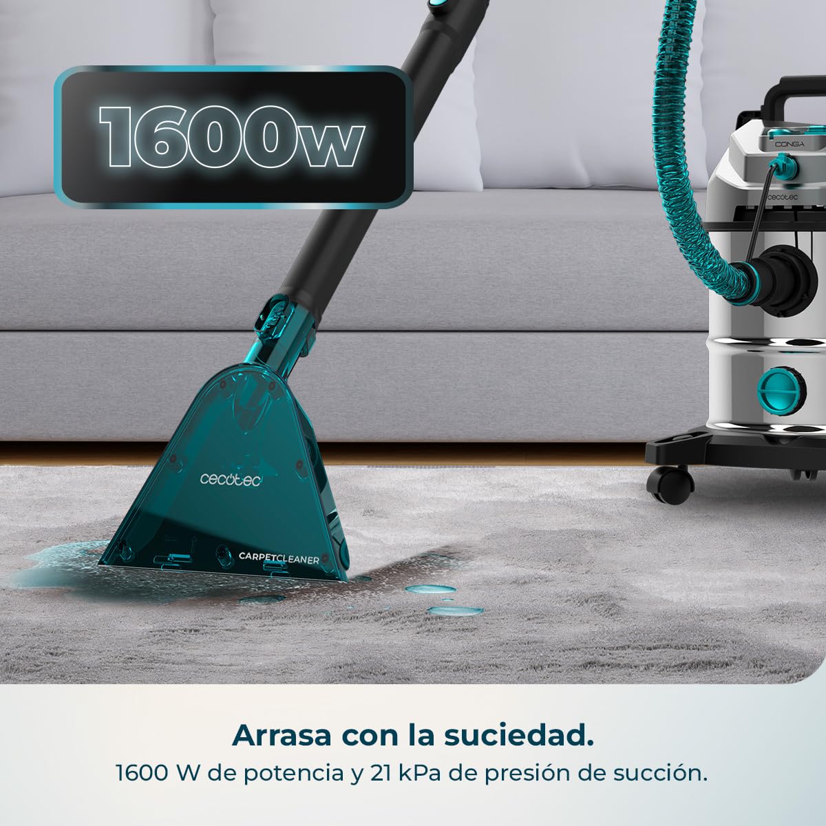 Cecotec Aspirador Sólidos, Líquidos, Tapicerías y Alfombras con Cable Conga CarpetClean 20000 Pro Ultra. 1600W, 21kPa de Potencia, Función 2 en 1, Capacidad 20L, Kit Accesorios, Radio de Acción 7m
