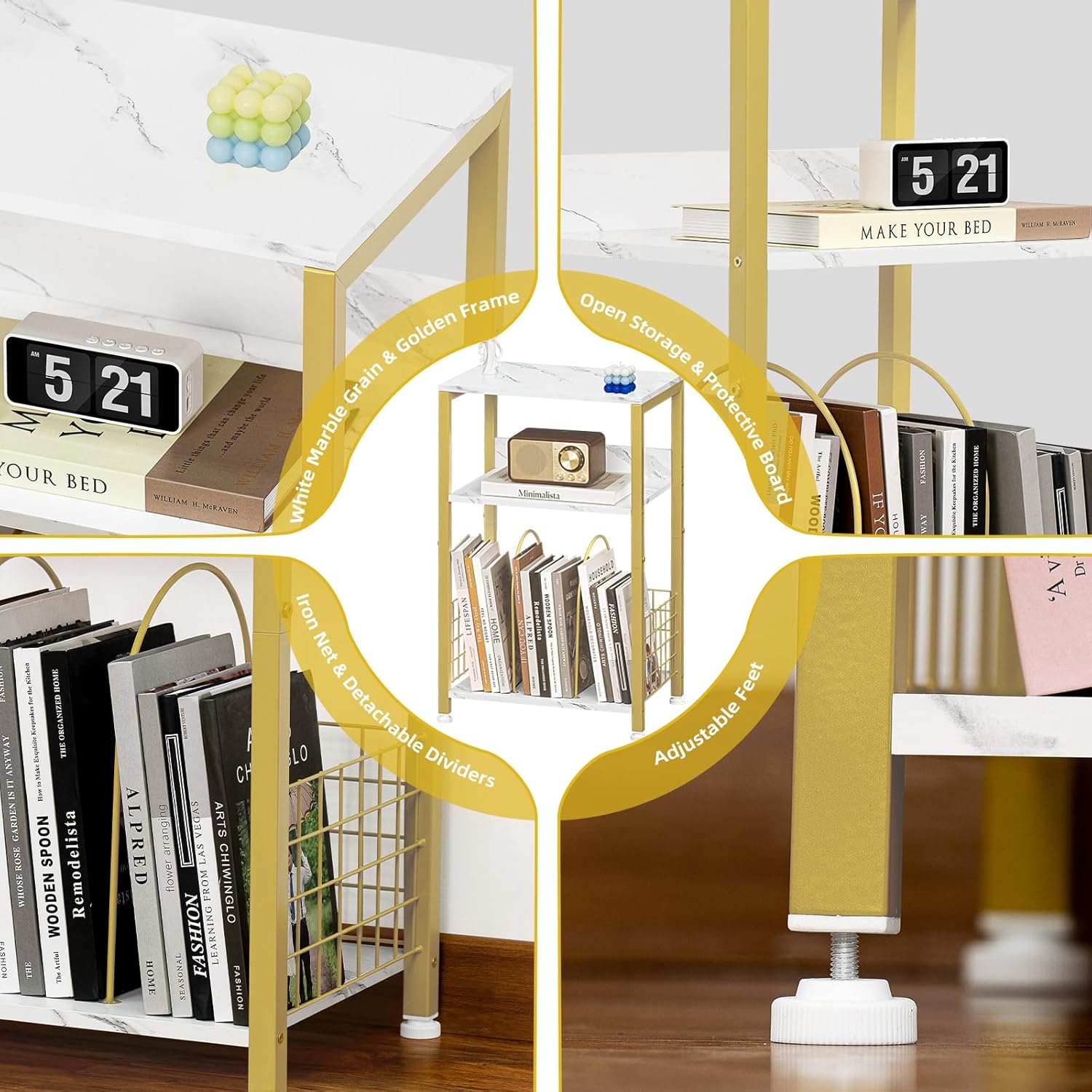 LELELINKY Side Table,White Marble Night Stand with Golden Metal Frame,3 Tier Industrial Wooden Record Player Stand with Vinyl Storage Shelf ,End Tables for Living Room Bedroom Small Spaces