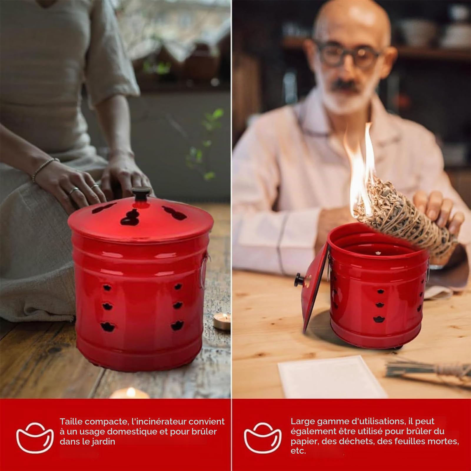 Brûleur à Papier avec Couvercle - Poignée Ergonomique - Seau Anti-étincelles pour Jardin, terrasse, Plage, Porche, Balcon, Jardin, terrasse, intérieur