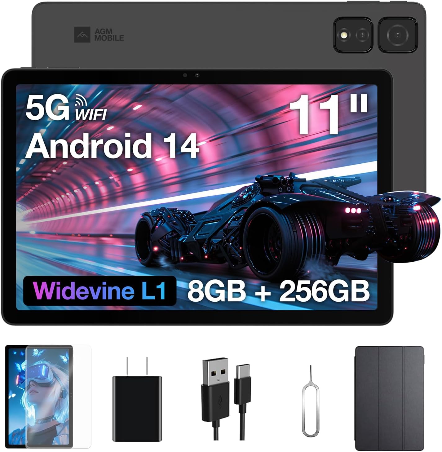 AGM 11 inch Android 14 Tablet, Protective Case & Film Included 8GB RAM + 256 GB ROM + 512 GB Expansion Face ID | Learning Mode | WiFi 5G & Bluetooth 5.0 Support