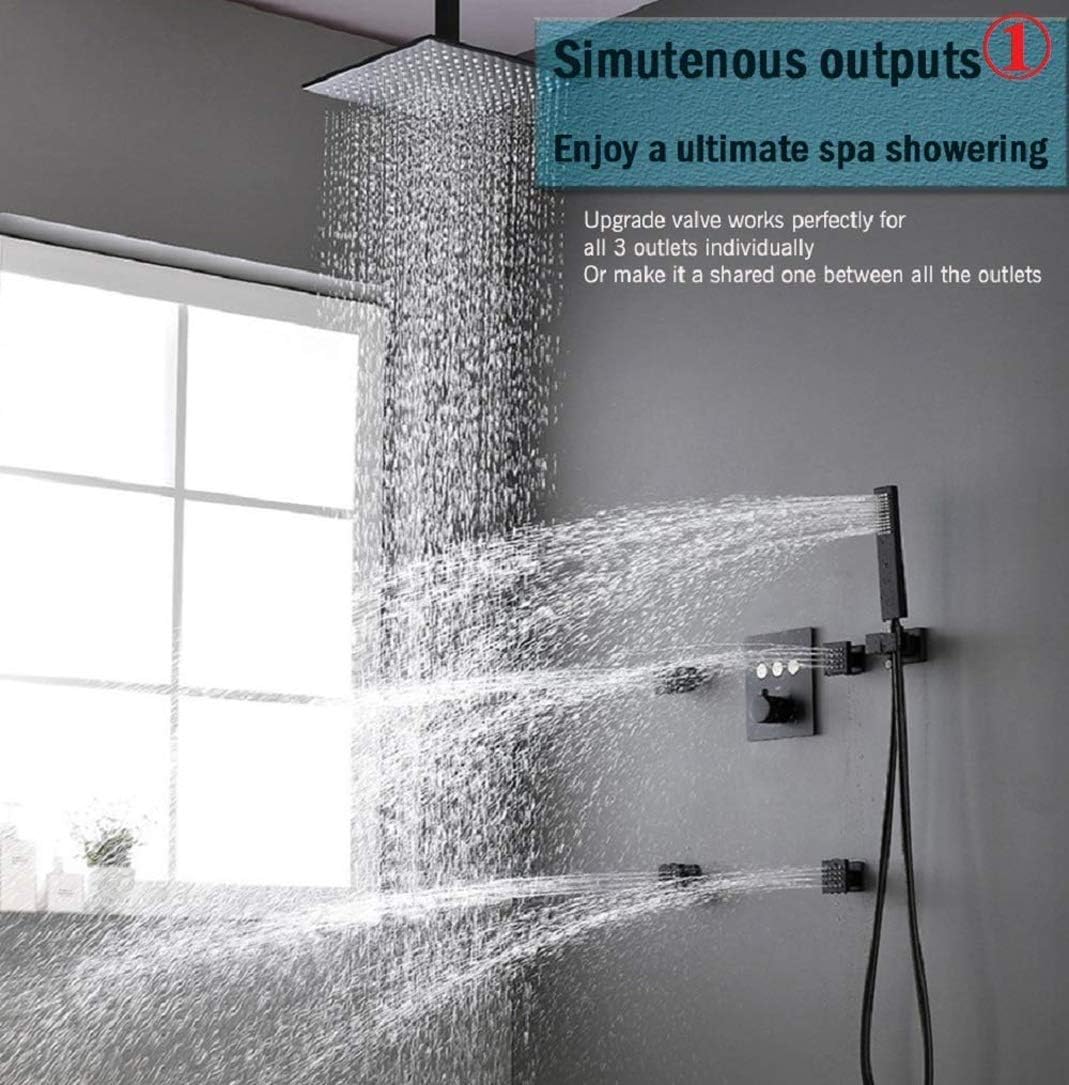 Thermostatic Matte Black Brass Shower Faucet Complete Shower Kit with 12 Inch Ceiling Rain Head and 4 Pcs Body Sprayer, Shower Set,10 Inch