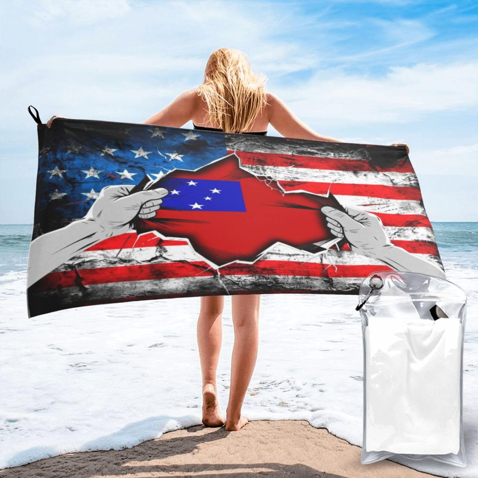 HACXZ American and Samoa Flag Vintage Beach Towel Lightweight Absorbent Beach Towel Microfiber 31.5"X63"