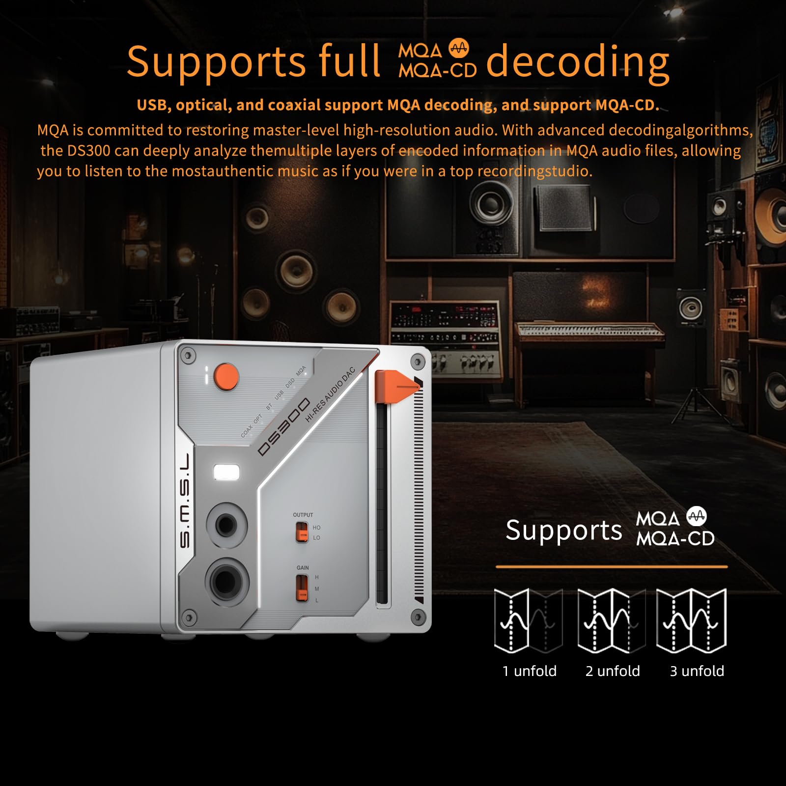 SMSL DS300 Amplificatore per cuffie DAC ad alta Chip ES9039Q2M DAC audio | Bluetooth 5.1 4 Amp operazionali Doppi OPA1612A MQA MQA-CD 6,35 mm/4,4 mm HP PCM 32 bit/768 kHz DSD512 USB/Opt/Coa/BT IN