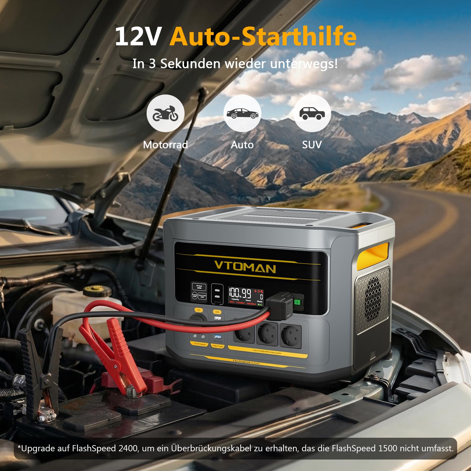 VTOMAN FlashSpeed 2400 - Station d'alimentation portable avec câble de secours, 2400 W CA (3200 W crête), batterie LiFePO₄ de 1408 Wh, extensible jusqu'à 2688 Wh, charge rapide en 1 heure, générateur