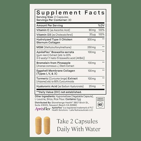 Stonehenge Health Dynamic Joint Health Supplement Fast-Acting Support with ApresFlex Boswellia, MSM, Multi-Type Collagen, Turmeric, Bromelain, Vitamins C & D3 Supports Joint Comfort 60 Capsules