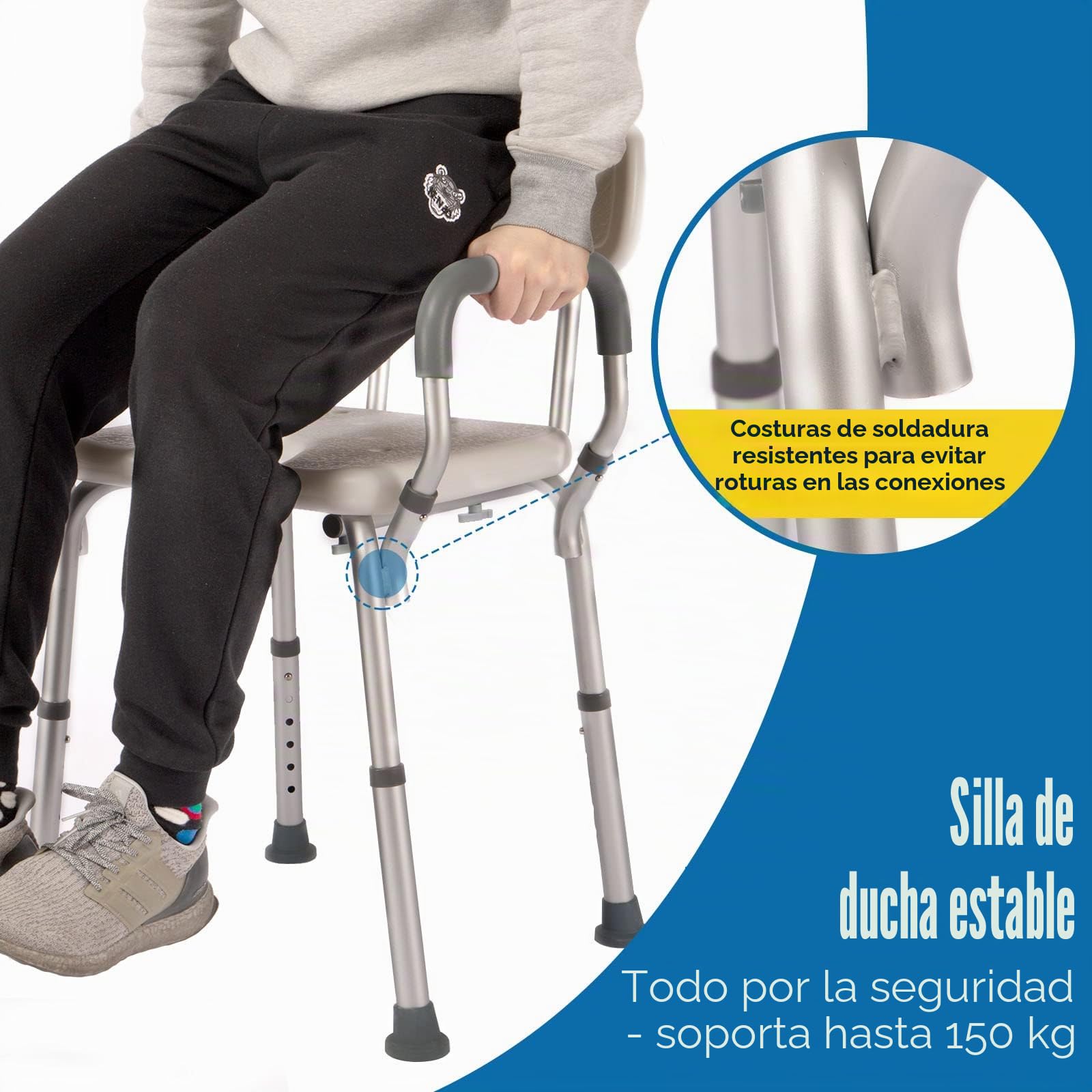 EasyVibe Silla de Ducha para Personas Mayores Con Reposabrazos y Respaldo - Asiento de Baño Sin Herramientas, Altura Ajustable, Capacidad