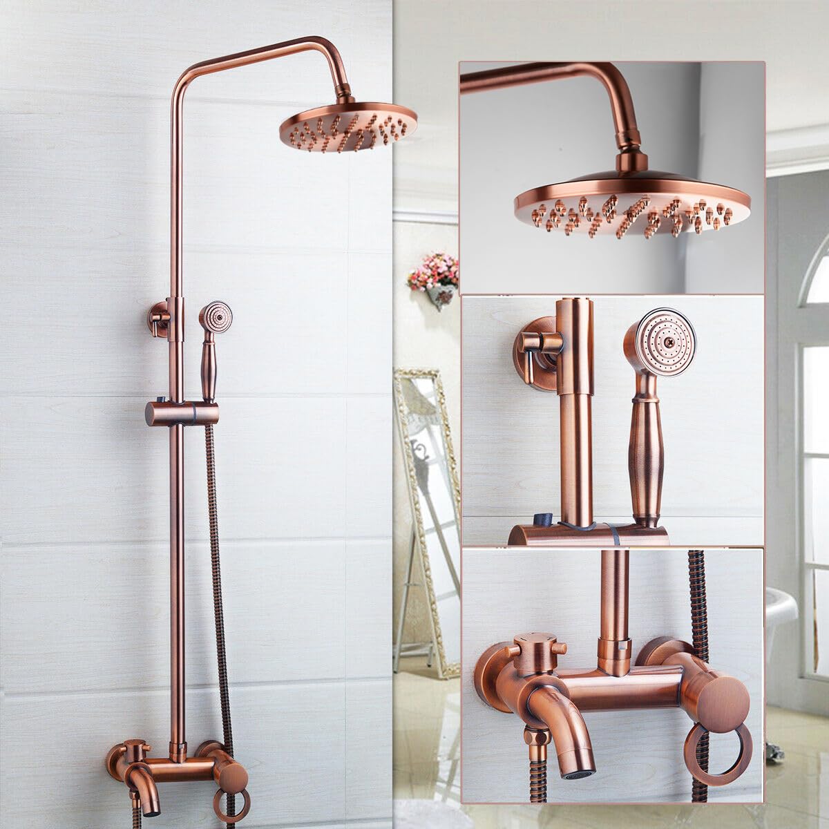 Exposed Shower System 8 Inch Rainfall Shower Head Antique Copper Bathroom Shower Faucet Set 3 Function Shower with Handheld Spray Head Combo Wall Mount Antique Copper Outdoor Shower Fixture