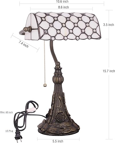 Miniatura 5 de Tiffany Banker - Lámpara de mesa pequeña con vitrales, estilo Tiffany, luz de piano, color blanco, con perlas de cristal, lámpara de escritorio,