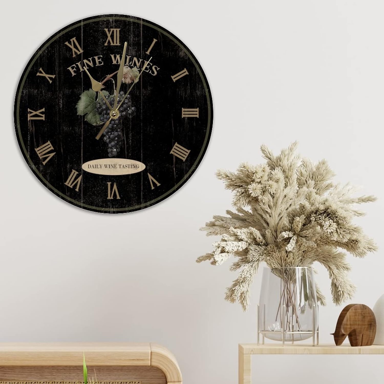 Fine Wines Black Wood Wall Clock 12Inch Round Clocks Grape Winery Wooden Clocks Silent Non-Ticking Wall Clock Farmhouse for Dinning Living Room Birthday Housewarming Gift to Friends