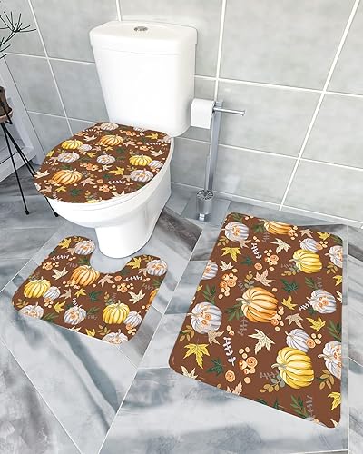 Miniatura 2 de Bathroom Rugs Sets 3 Piece Bath Mat,Pumpkin Maple Leaf Seamless Fall Harvest Soft Non-Slip Bath Rug Set,Absorbent Shower Rugs Toilet Seat Cover
