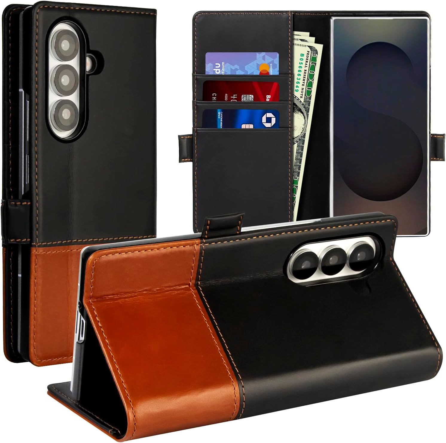 for Samsung Galaxy Z Fold 7 Case, Retro Waxed Leather Shockproof Folio Wallet Case [RFID Blocking] with Card Holder Stand Protective Phone Cover Compatible with Galaxy Z Fold7 Black/Brown