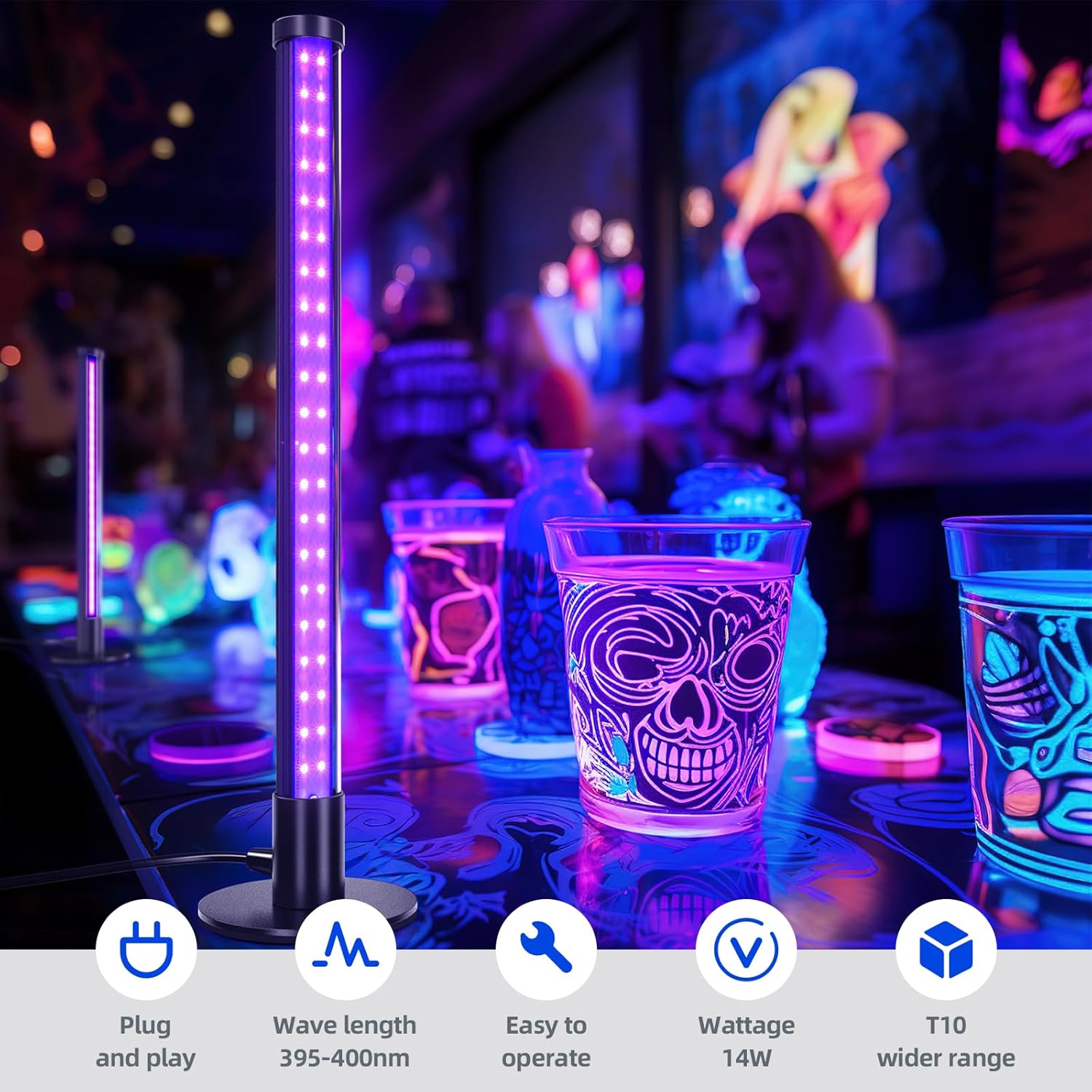 Barrina LED Black Lights, T10 Vertical Standing Table Blacklight Fixture, 14W, 385-400nm, 1FT Desktop Led Black Light with Stand and On/Off Switch, Perfect for Party