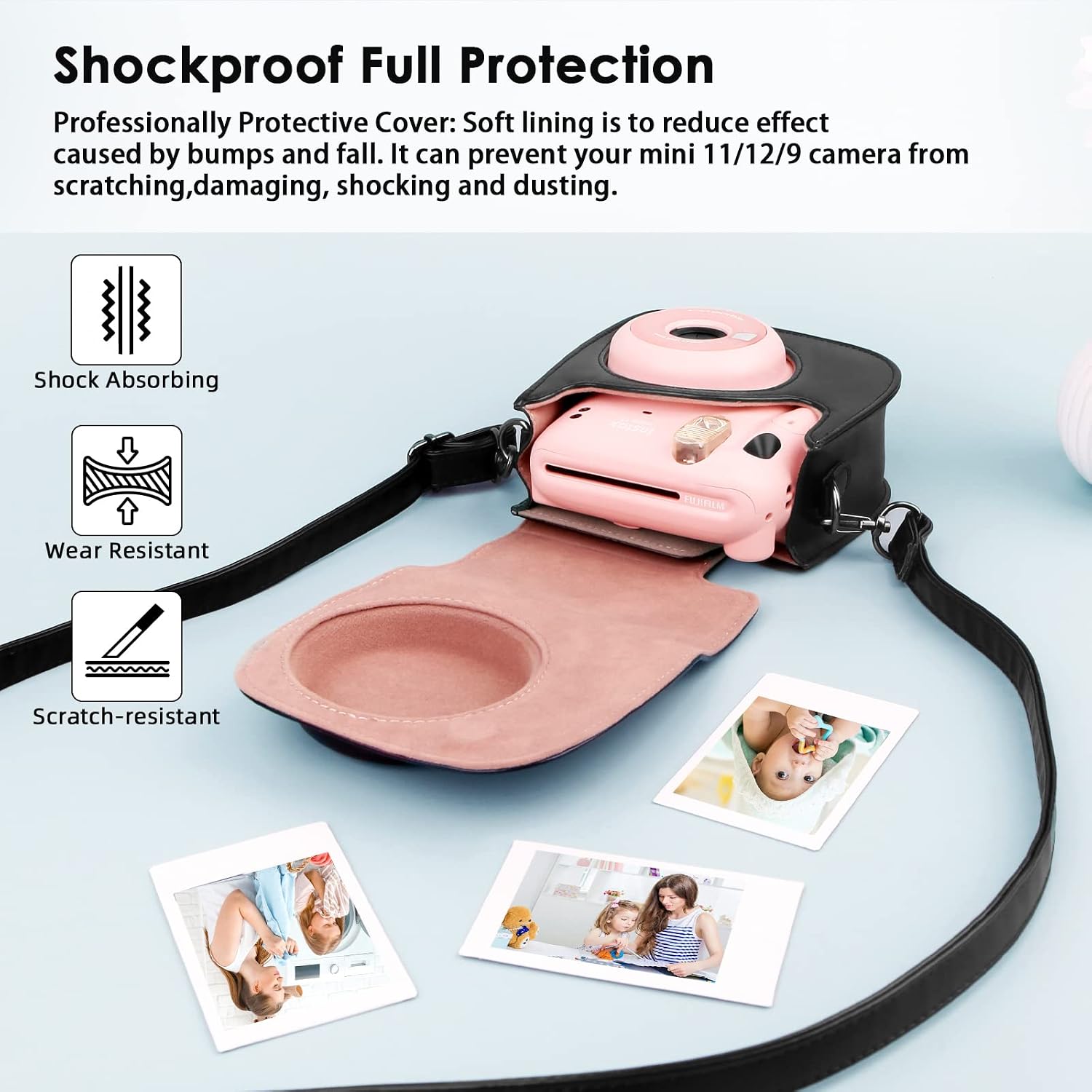 Protective Camera Case for Fujifilm Instax Mini 11, 12, 9 Instant Cameras, with Instax Mini Album.PU Leather Bag Cover with Removable Adjustable Strap (Black)
