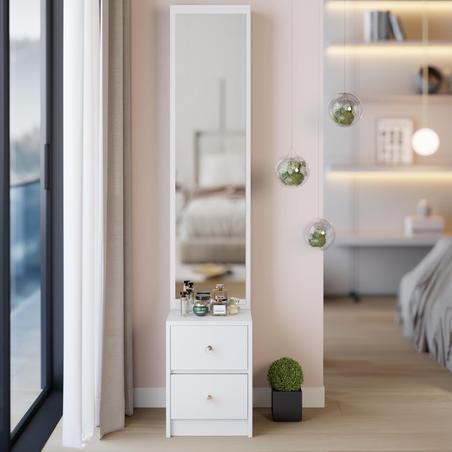 Length 11.8" x Width 15.7" x Height 63" Simple Stylish Dressing Mirror Cabinet, Full Body Mirror Cabinet, Extra Large Mirror, Multi Layer High Capacity Storage, Use Alone or In Conjunction With Vanity