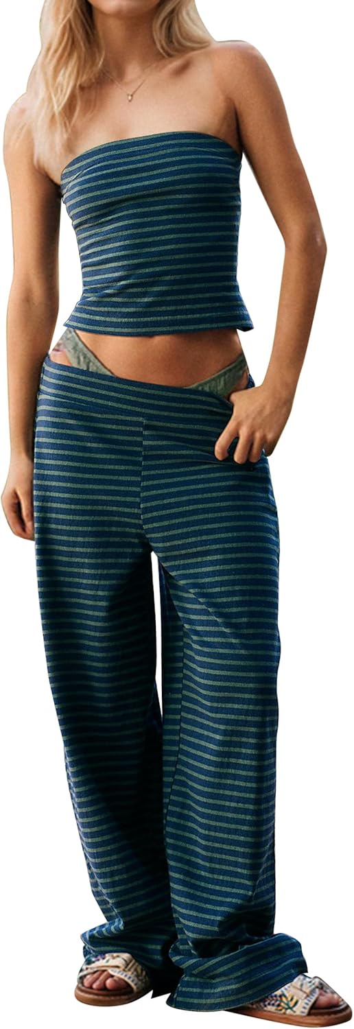 Summer Striped 2 Piece Lounge Sets For Women Casual Strapless Crop Tube Tops Wide Leg Pants Sets Matching Pajama Sets