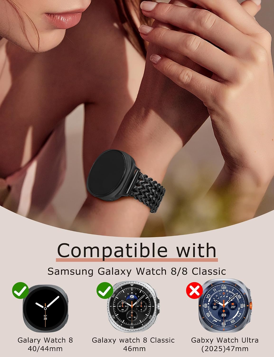 Minyee Metal Band Compatible with Samsung Galaxy Watch 8 40mm 44mm/ 8 Classic 46mm Bands, No Gap One-Click Dressy Stainless Steel Metal Gold Multi-chain Strap Mermaid Style Link Bracelet Wristband