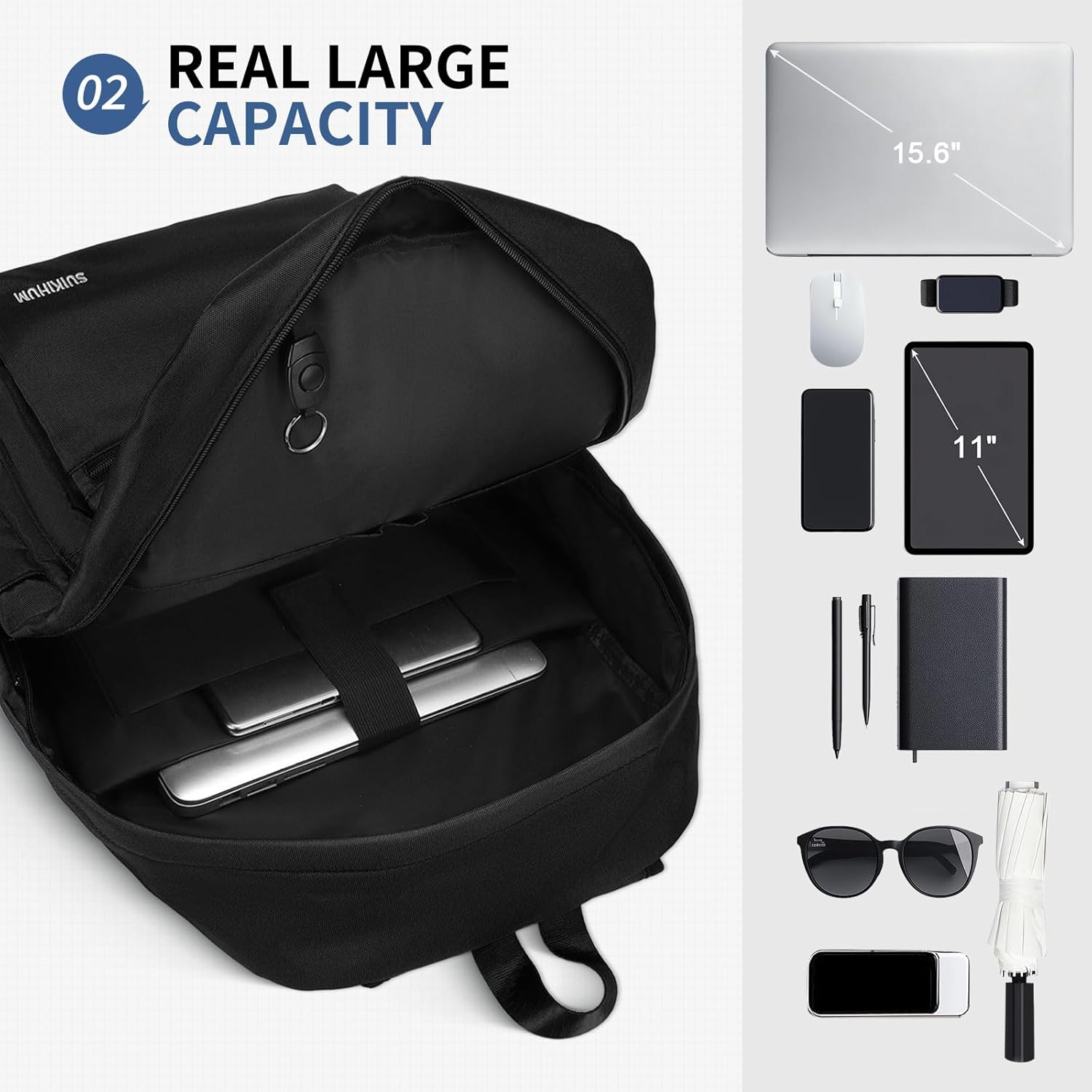 Nylon Backpack for Men & Women, Water-Resistant Everyday Backpack with 15.6" Laptop Compartment, Anti-Theft Pocket & Luggage Strap, Black