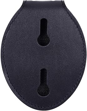 Wisdompro Cowhide Leather Police Badge Holder Belt Clip with Chain, Oval | Universal, Mn-steel Clasp, Stainless Bead Neck, Hook and Loop Closure Pocket Case, Heavy Duty, for Law Enforcement, Sheriff