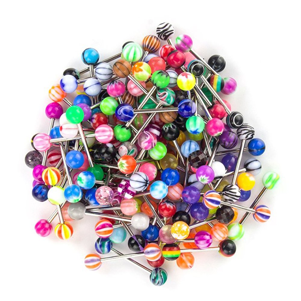 SHINEstyle 100 Pcs 14G Assorted Colors Mixed Nipple Tongue Rings Barbells Body Piercing Jewelry