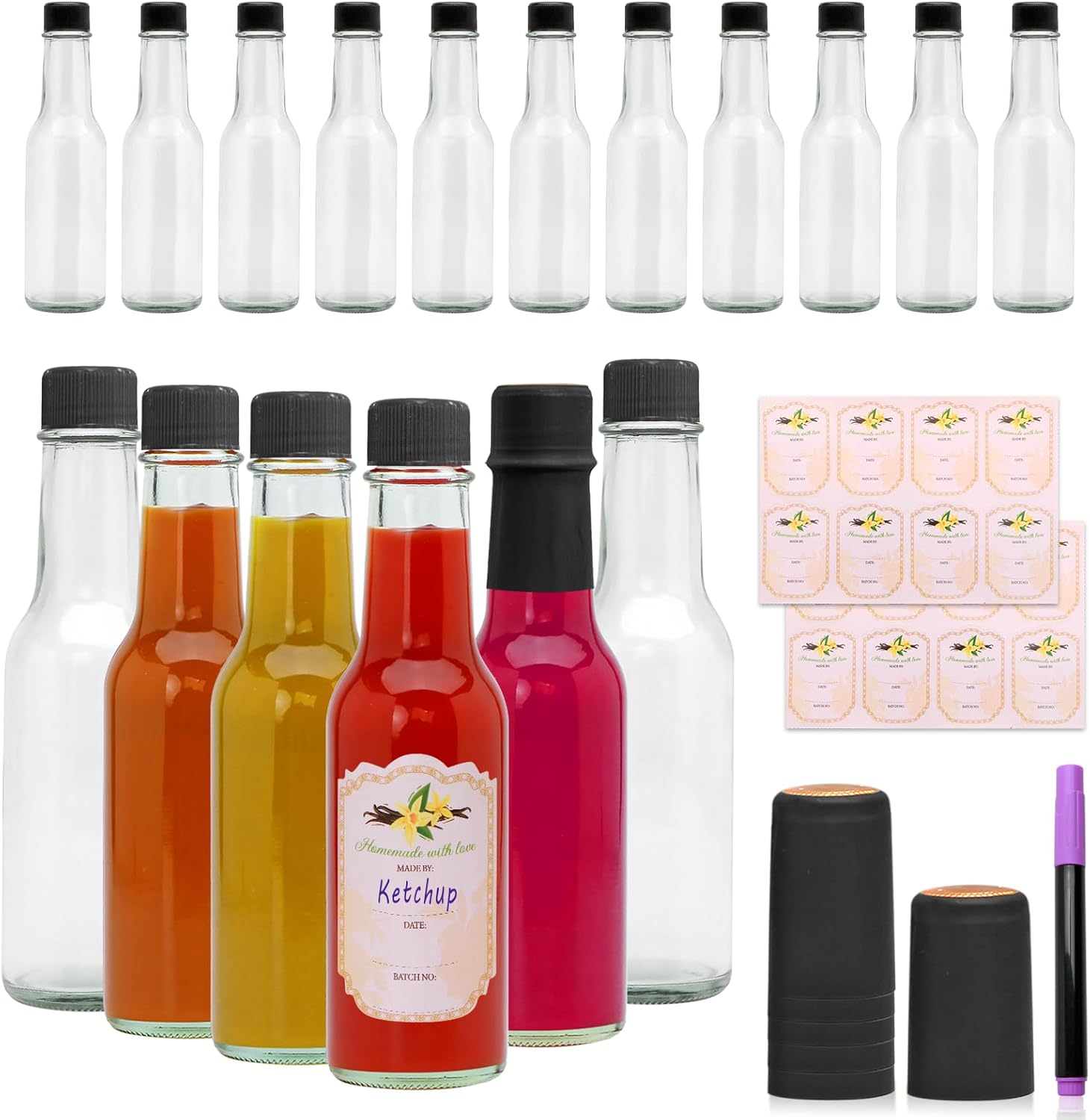 Brajttt 16 pcs 5oz Hot Sauce Glass Bottles with Black Cap,Clear Oil Bottle for Kitchen,Empty Small Bottles with Shrink Wrap Capsule,Home Brewing Wine & Juicing Bottles For Bordeaux Wine,Beverage