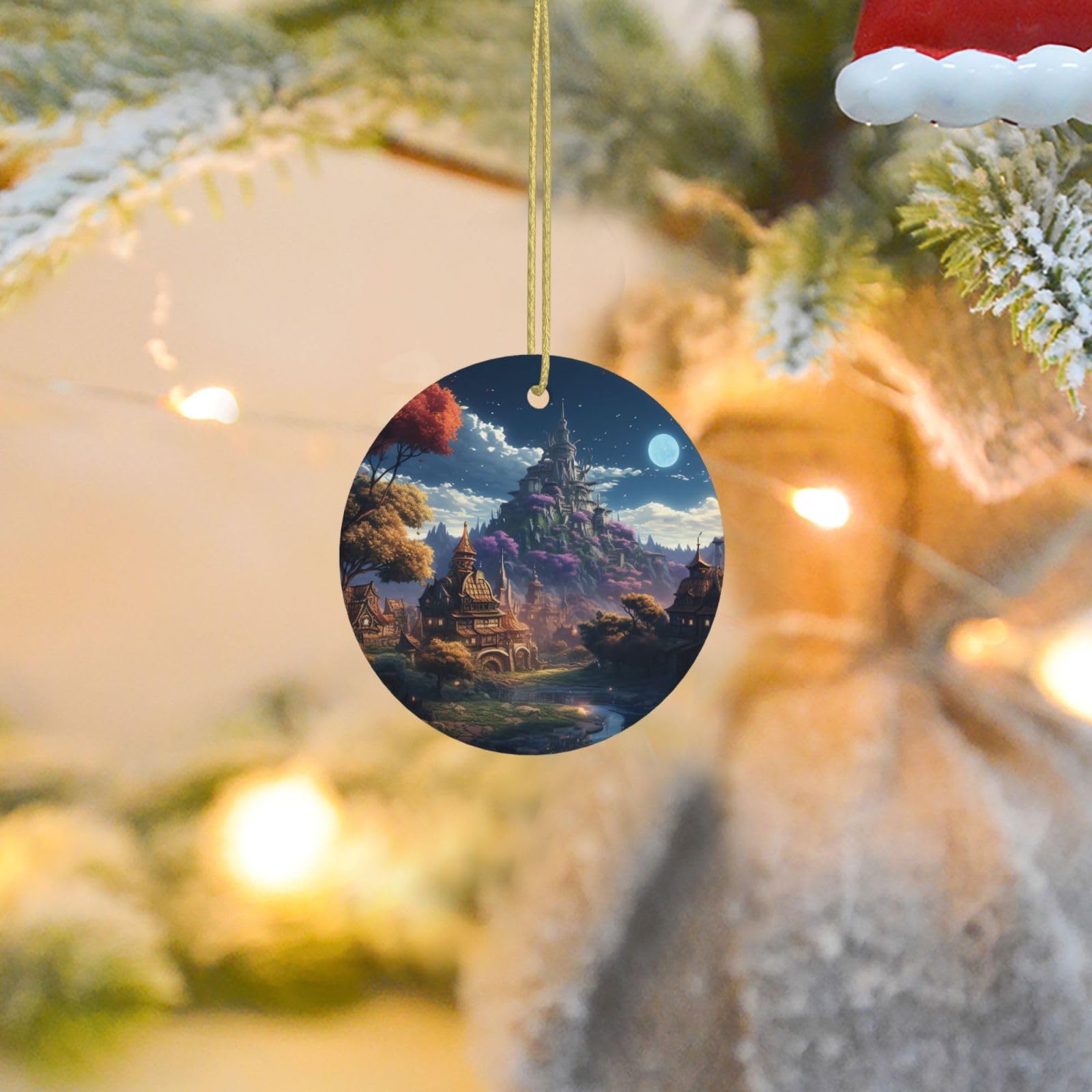 Christmas Tree Ornaments Ceramics Christmas Round Decorations Fantasy Town Ceramics Ornaments Circle Pentagram Xmas Tree Hanging Pendant for Christmas Tree Party Holiday Home Decor