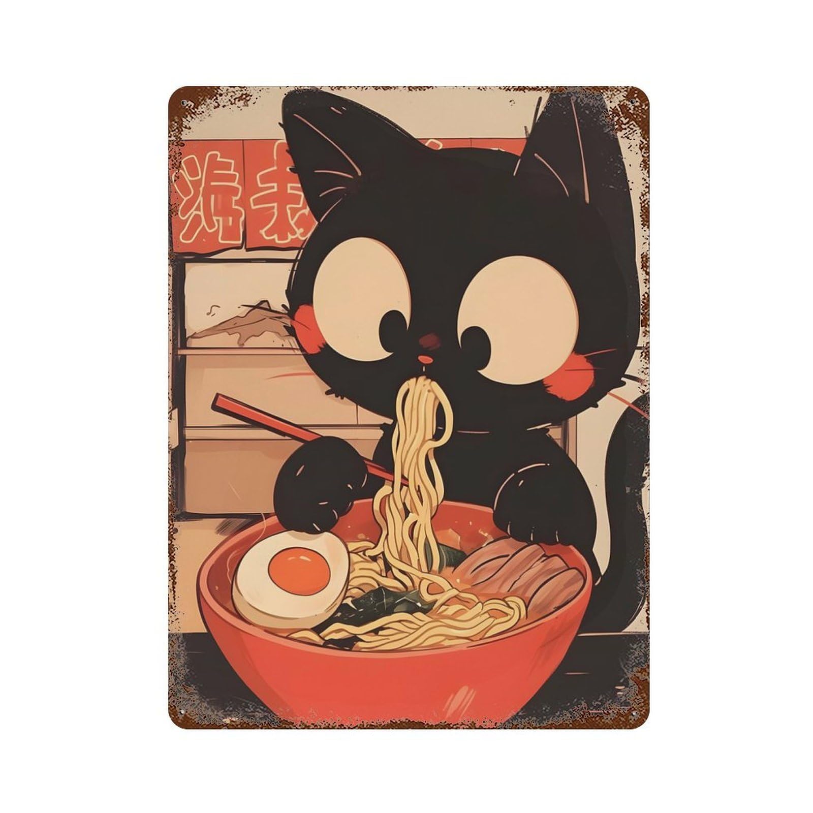 Black Cat Eating Ramen - Tokyo Noodle Weathered Tin Sign 15.7"x11.8", Vintage Wall Decor for Garage, Pub Or Kitchen
