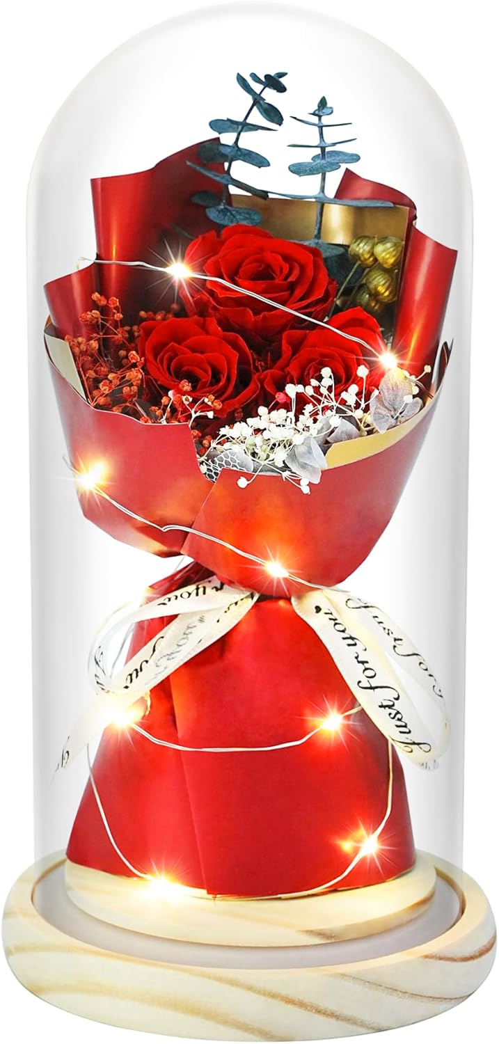 HVY Preserved Flowers Bouquet for Her,Forever Flowers Fresh Bouquet Mothers Day Birthday Gifts for Mom Preserved Rose Gifts for Women Wife Girlfriend Red Eternal Rose Present