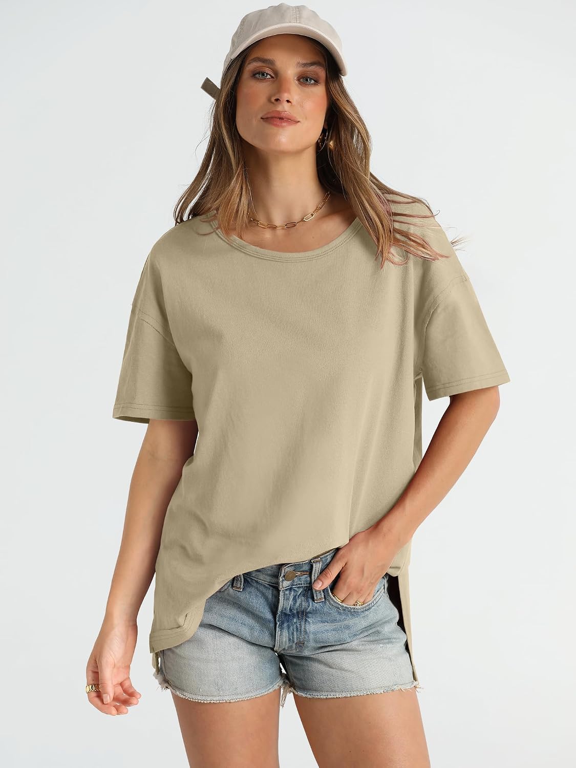 WIHOLL Summer Tops for Women Short Sleeve Cotton T-shirts Loose Fit Basic Tees Split Hem