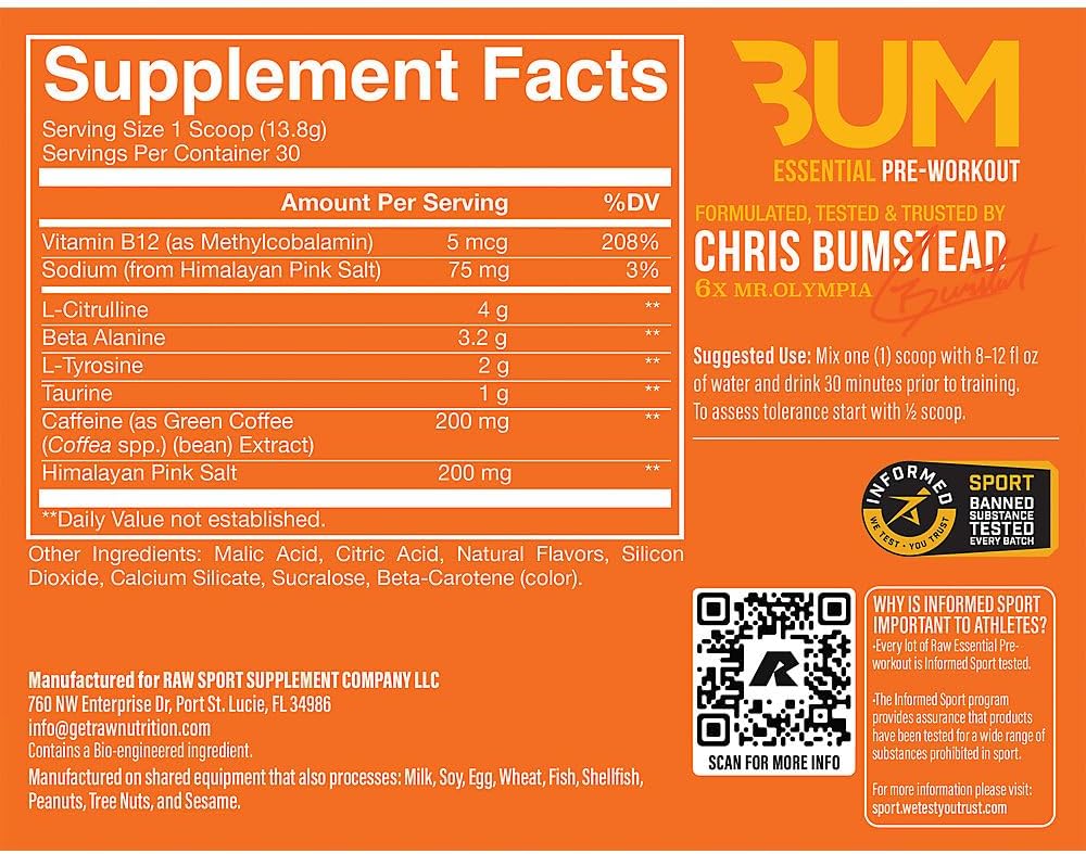 RAW Essential Pre-Workout Powder (Orange) - Chris Bumstead Sports Nutrition Supplement for Men & Women - Preworkout Energy Powder with Caffeine, L-Citrulline, L-Tyrosine, & Beta Alanine Blend - Image 2