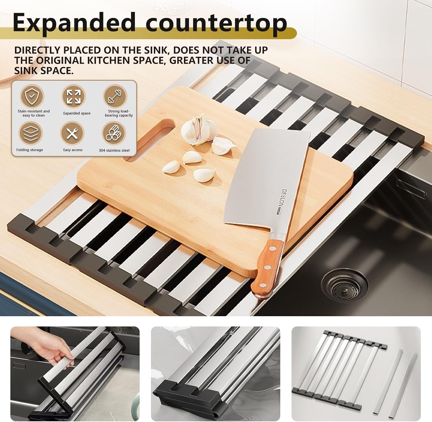 Collapsible Dish Drainer, Kitchen Sink Holder, FDA Grade BPA Free, 304 Stainless Steel Organizer Mat for Cups, Fruits, Vegetables (42 x 32.5 cm) image 4