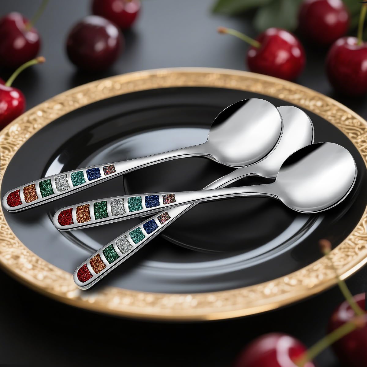 Premium 7.24" European Soup Spoons, Stainless Steel creative colorful enamel spoon drinking spoon, Dishwasher Safe Disinfection cabinet Set of 6