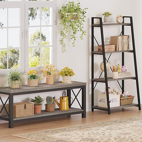 Miniatura 6 de BON AUGURE Estantería de escalera de 4 niveles, estantes inclinados de madera para sala de estar, dormitorio, estantería de oficina en casa (roble