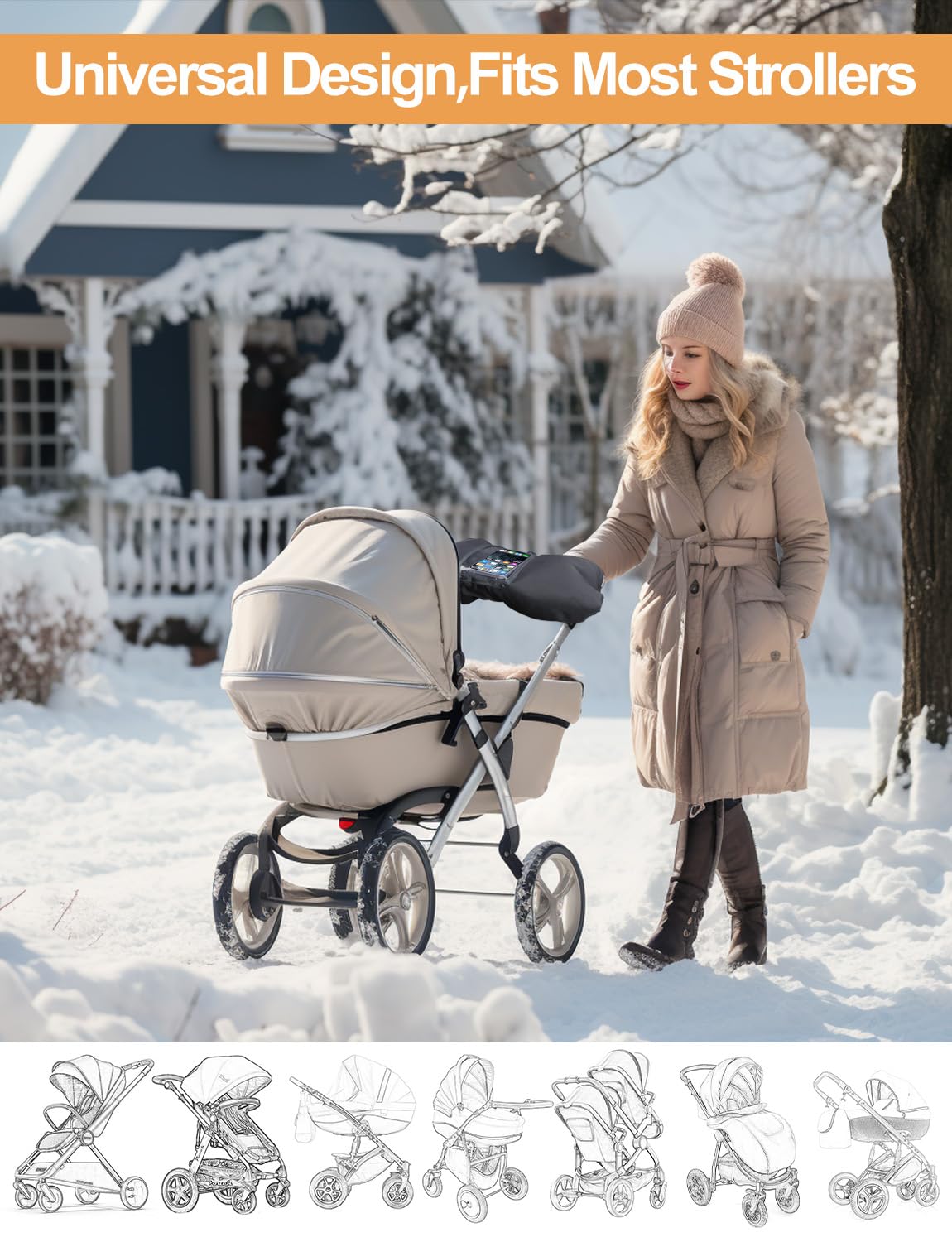 Manoplas Carro Bebe, Impermeable y Cortaviento Guantes Carro Bebe Invierno con Bolsillo para Celular, Guantes para Cochecito Bebe Forro de Felpa Para Todos los Cochecitos - Negro