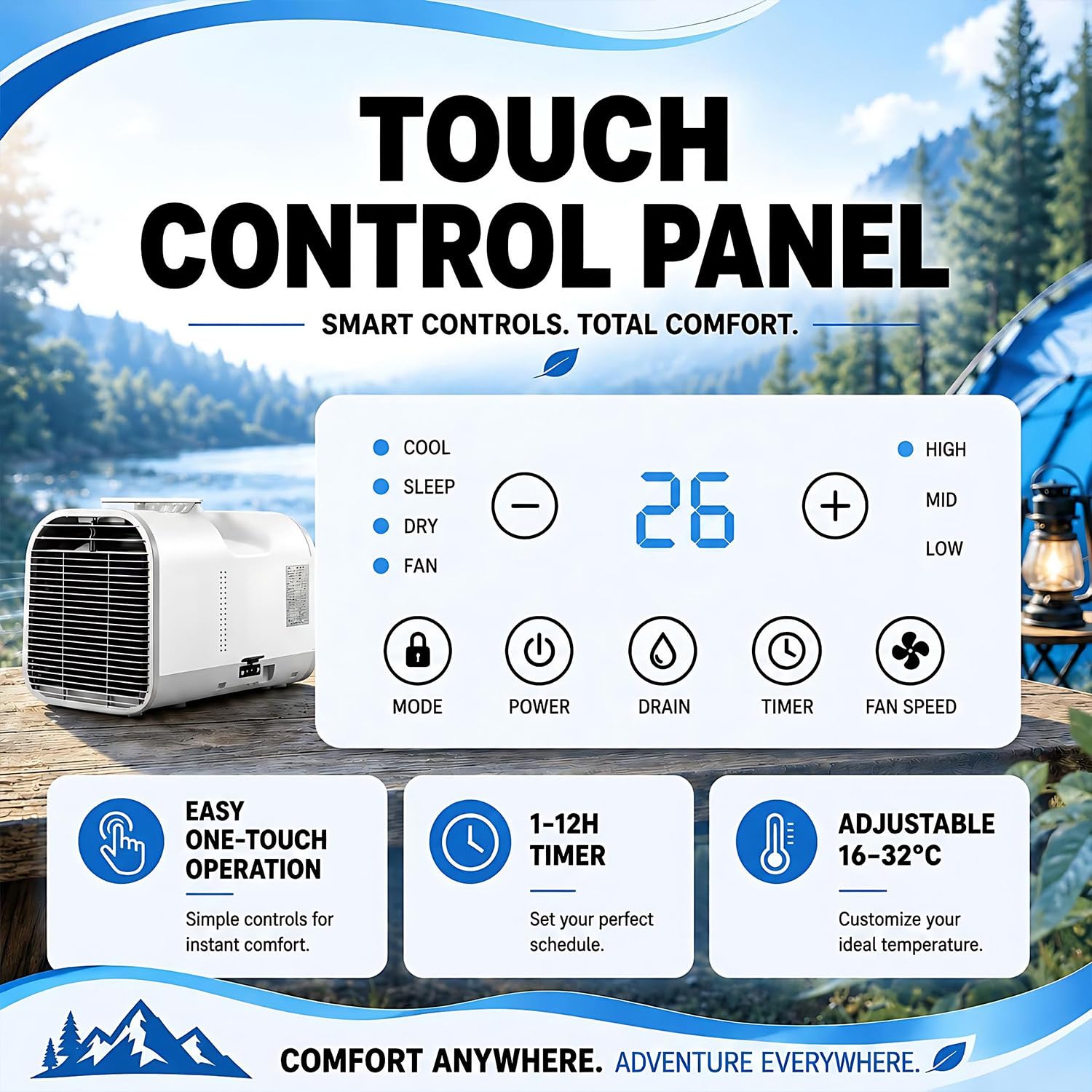 Climatiseur portable 220V à double tuyau, Refroidit vite 5100BTU | Climatiseur mobile 4-en-1 avec refroidissement, déshumidification, ventilation & modes sommeil pour camping, tentes, chambre