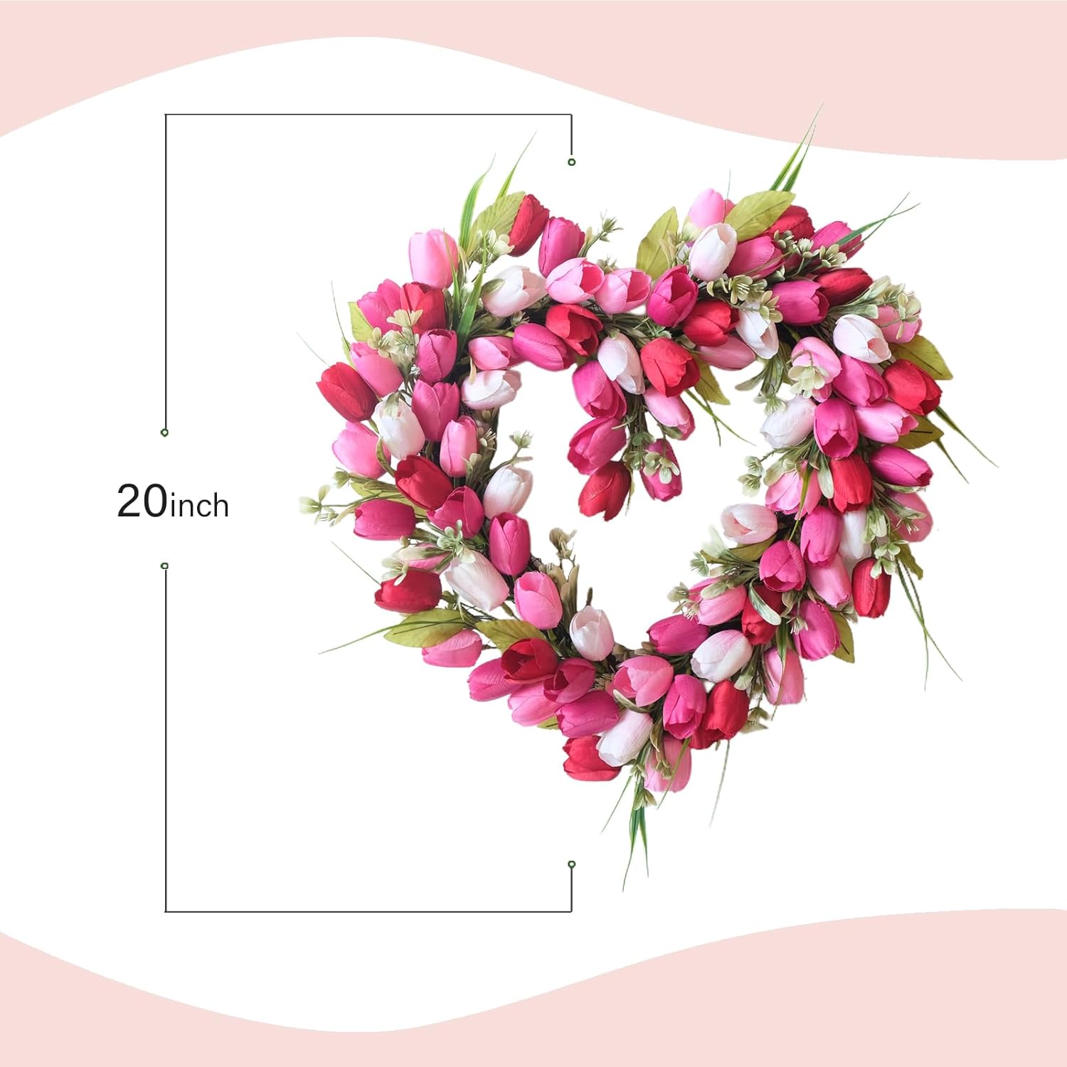 TEMPUS Heart Shaped Wreath for Spring with White Pink Red Tulip and Green Leaves - Love Decor for Mothers Day Wedding Festival Decor