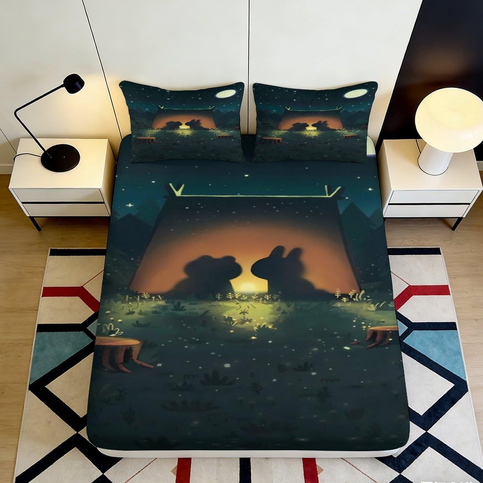 3D Printed Romantic Night View Fitted Sheet Microfiber Deep Pocket Non-Slip Bedroom Couples Mattress Fitted Cover Washable 200x200x25cm 90x200x25cm