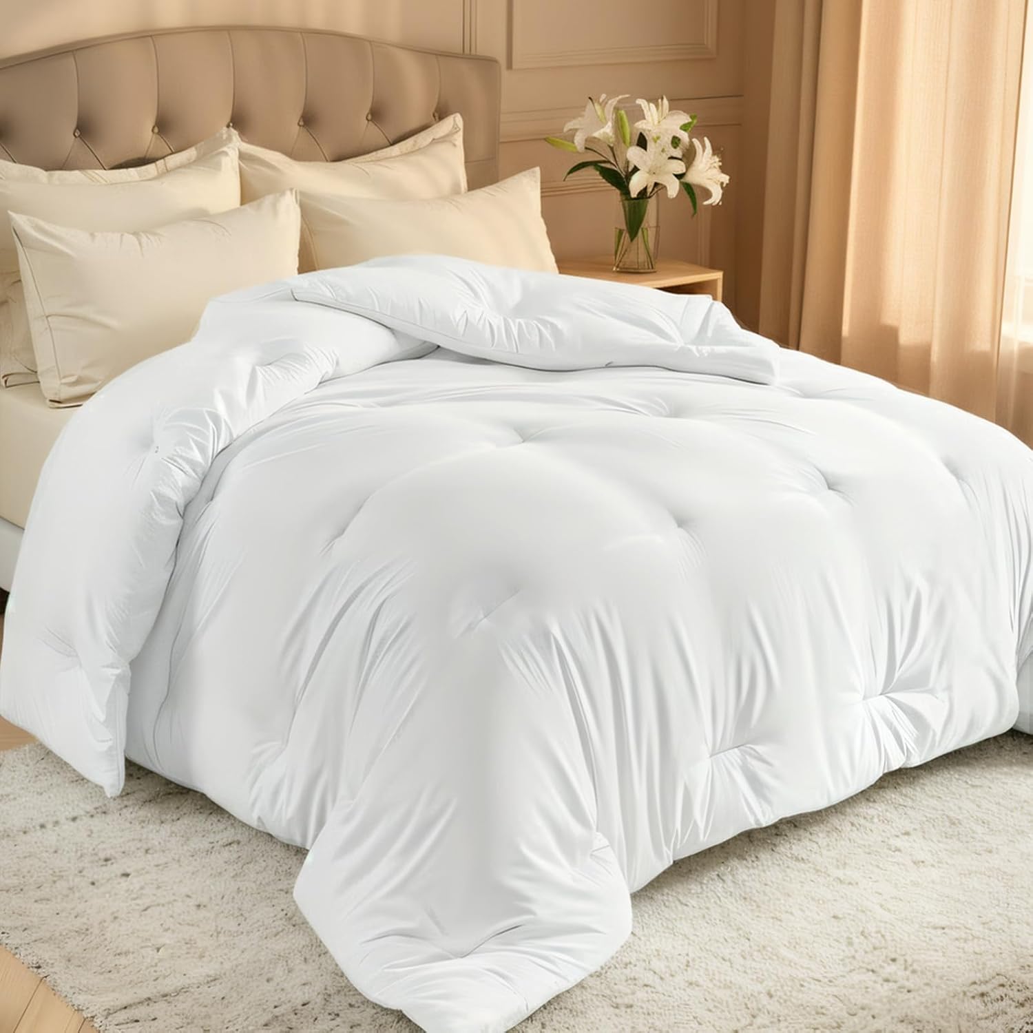 Comforters King Size, All Season Quilted Bed Comforter, Ultra-Soft Down Alternative Duvet Insert with 4 Tabs, Lightweight Bedding Blanket - Machine Washable, White