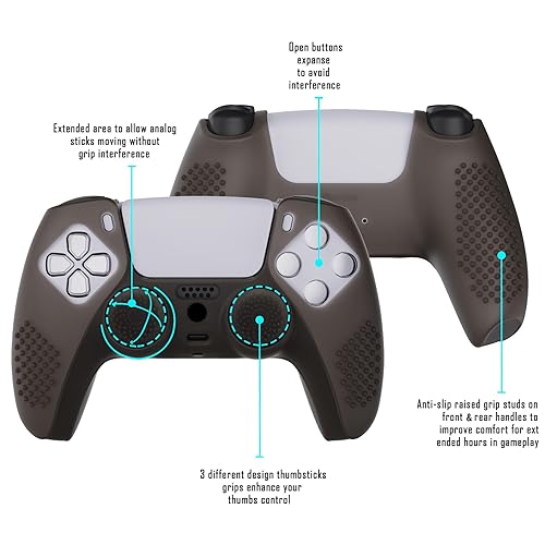 Miniatura 4 de eXtremeRate PlayVital - Funda de silicona antideslizante para controlador PS5, diseño de tachuelas en 3D, color negro transparente con 6 tapas de