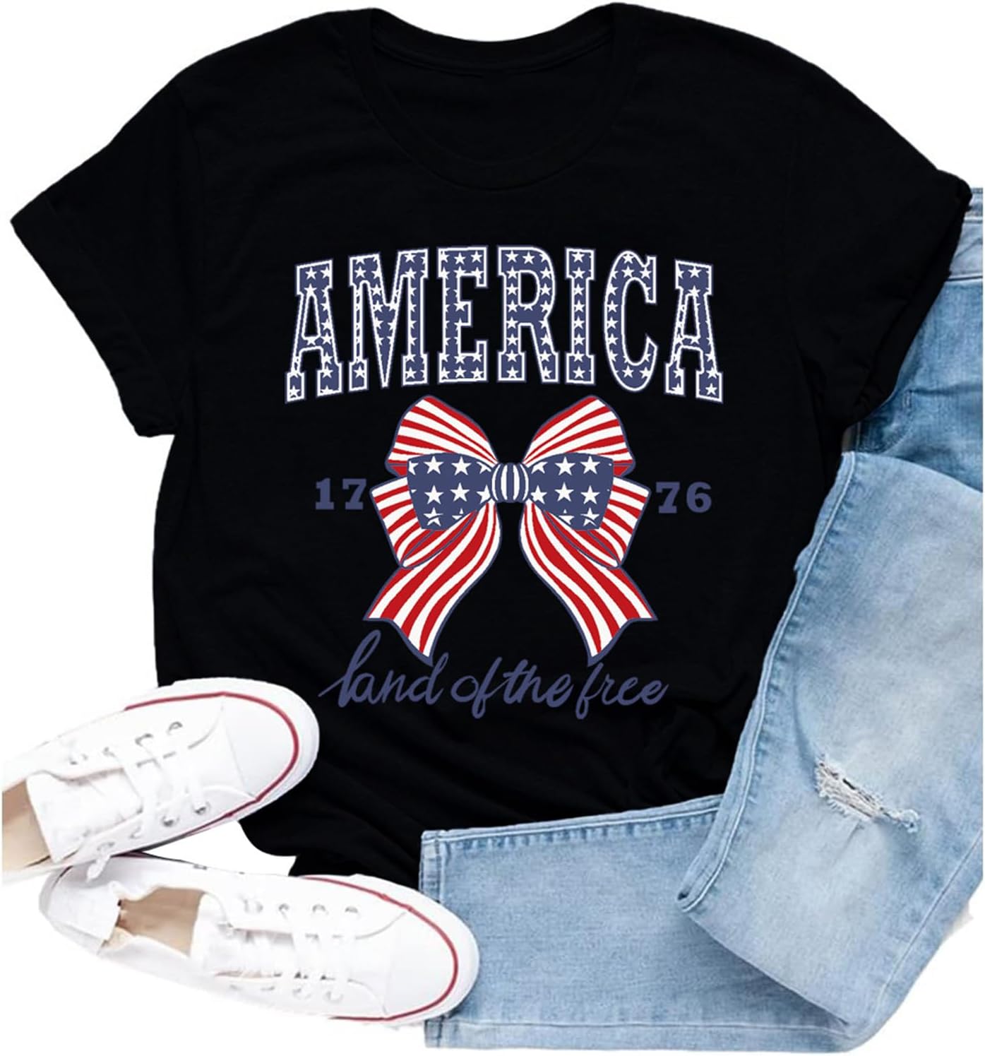 Womens American Flag Shirt USA Bow Flag Patriotic Print T-Shirt 4th of July Crewneck Tee Tops