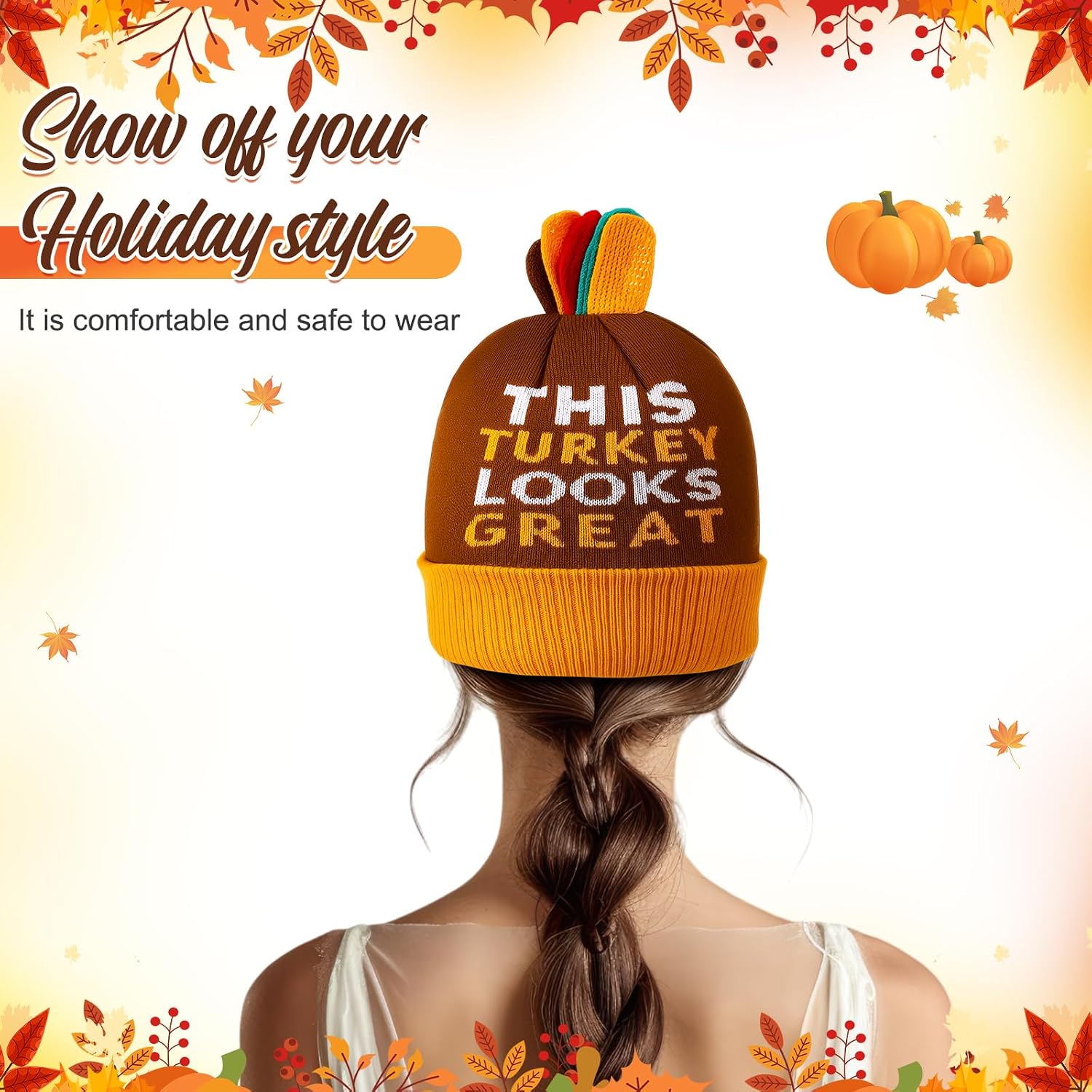 Geyoga 6 Pcs Thanksgiving Turkey Costume Accessories Including 3 Thanksgiving Beanie Hats Knitted Cap and 3 Striped Thigh High Socks for Women Men Adult Fall Cosplay Costume