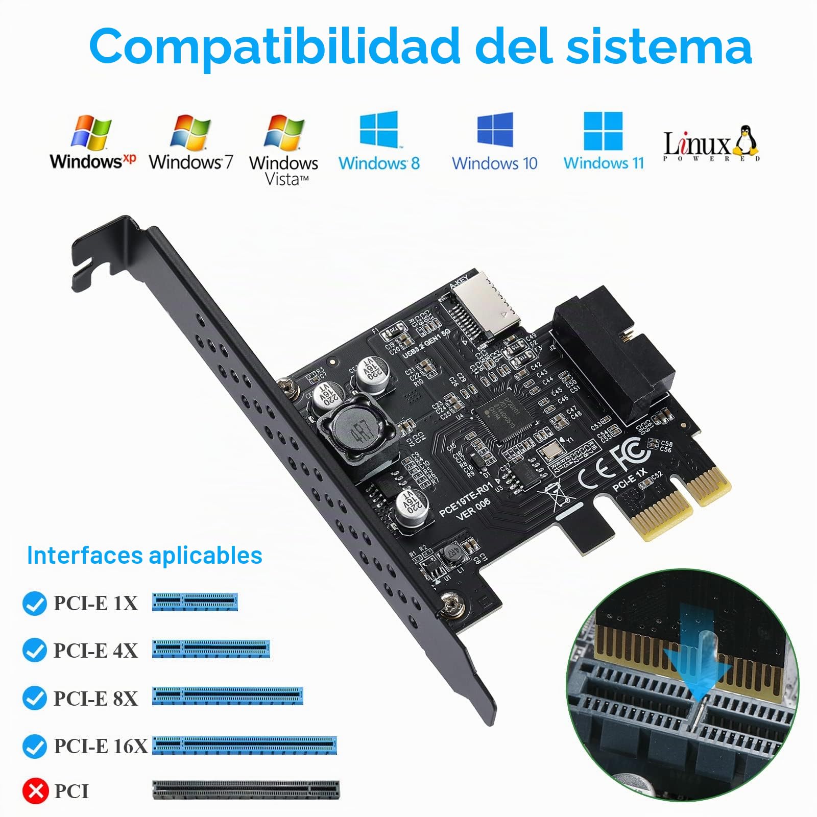PCIE SATA Tarjeta de Expansión USB 3.2 GEN1 5Gbps Tipo E Tecla A y USB 3.0 19pin Panel Frontal Tarjeta de Expansión Compatible con XP/WIN7/WIN8/Vista/WIN10/WIN11 32BIT/64BIT/Linux