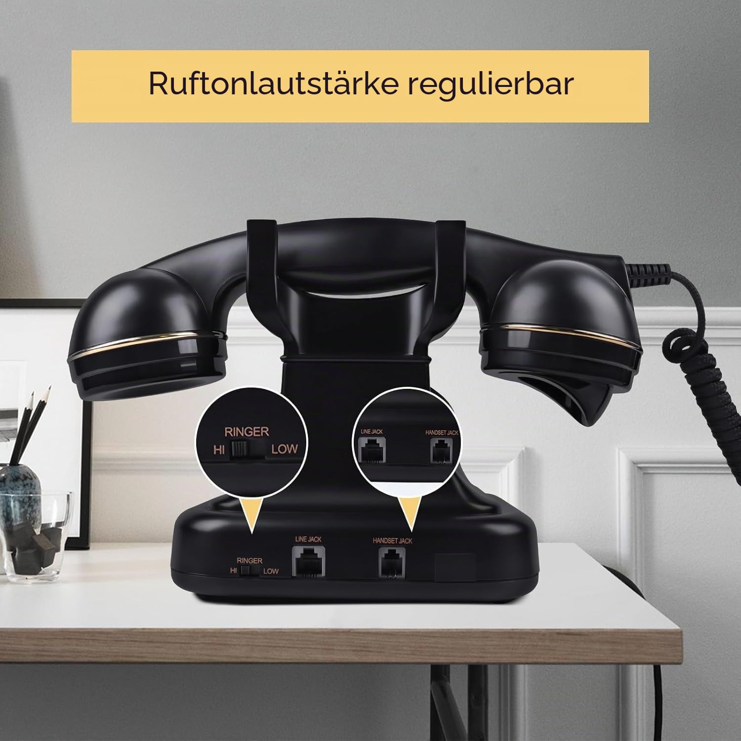 Retro-Festnetztelefon mit Druckknopf-Wahl, Vintage-Telefon mit einstellbarer Klingellautstärke und Wahlwiederholungsfunktion, Schnurgebundenes Retro-Telefon für Zuhause, Büro, Hotel (Schwarz)