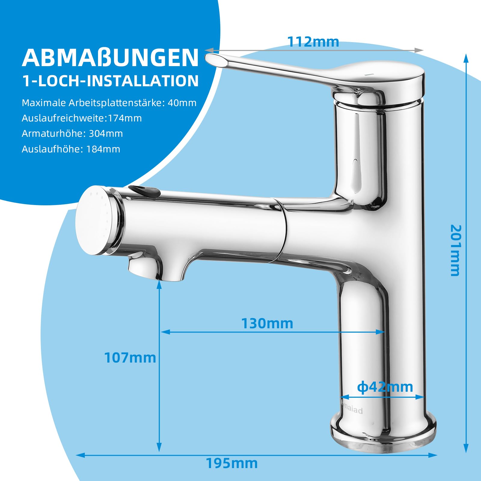 Rubinetto bagno Mynaiad, rubinetto bagno lavabo per bagno con 3 tipi di getto, doccetta estraibile, miscelatore lavabo bagno monocomando per lavabo, cromato