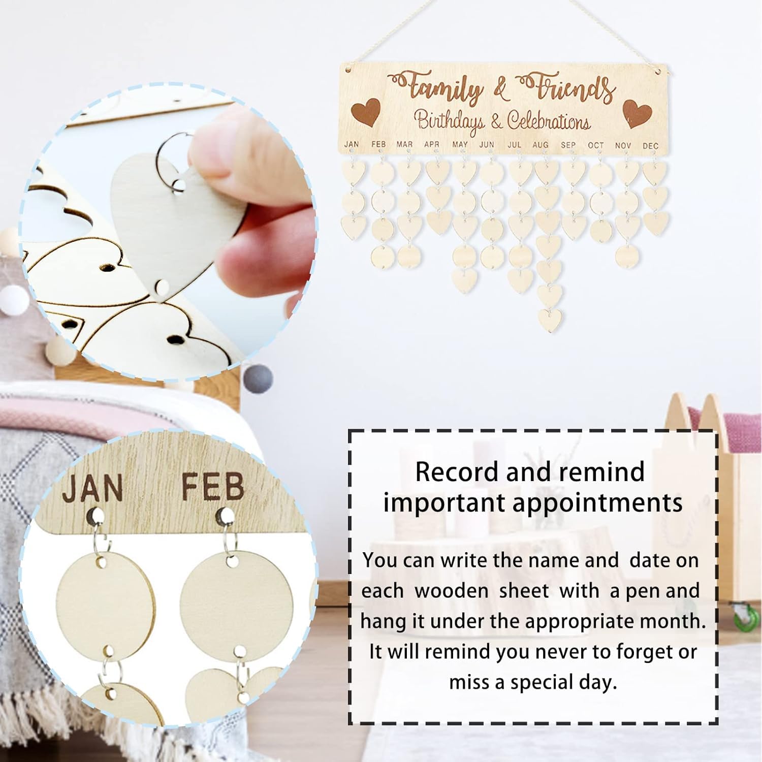 Calendrier Mural en Bois avec 100 Étiquettes pour Anniversaire, Décoration Murale Maison