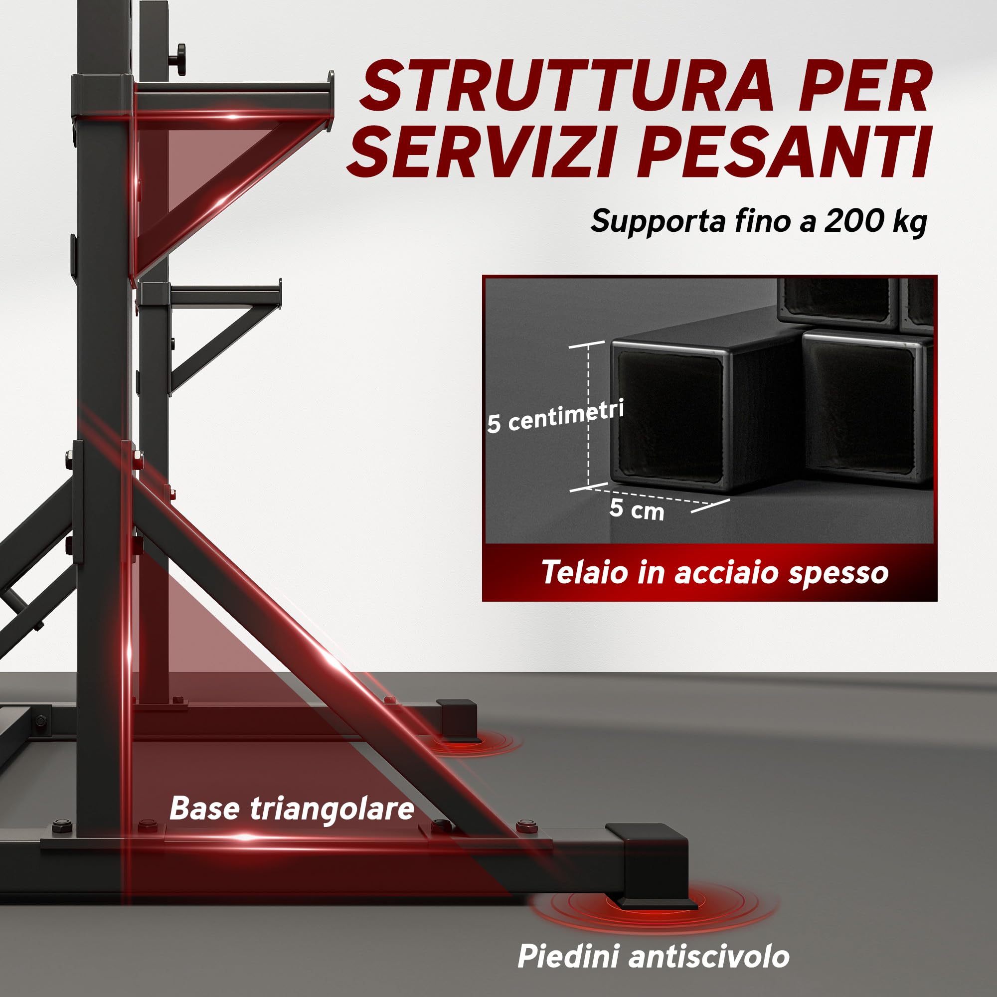SPORTNOW Power Tower con Altezza Regolabile, Doppio Supporto Bilanciere, Rack Palestra con Pull Up Bar e Portadischi, Rack Bilanciere Multifunzione Allenamento per Palestra Casa Ufficio, Max 200 KG