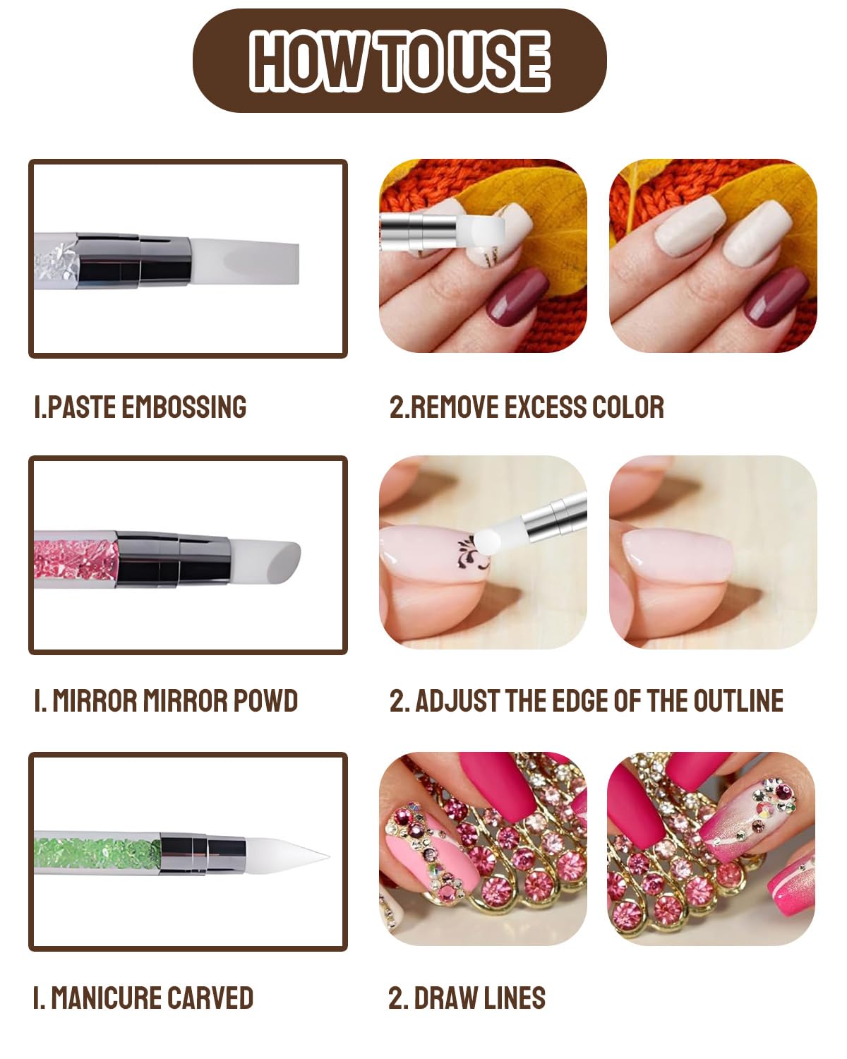 5 Pezzi Pennelli in Silicone per Unghie, Silicone Nail Art Sculpture Pen, Pennelli in Nail Gel Scultura Penna Matita Strumento Per Unghie Art Design Decorazione Kit