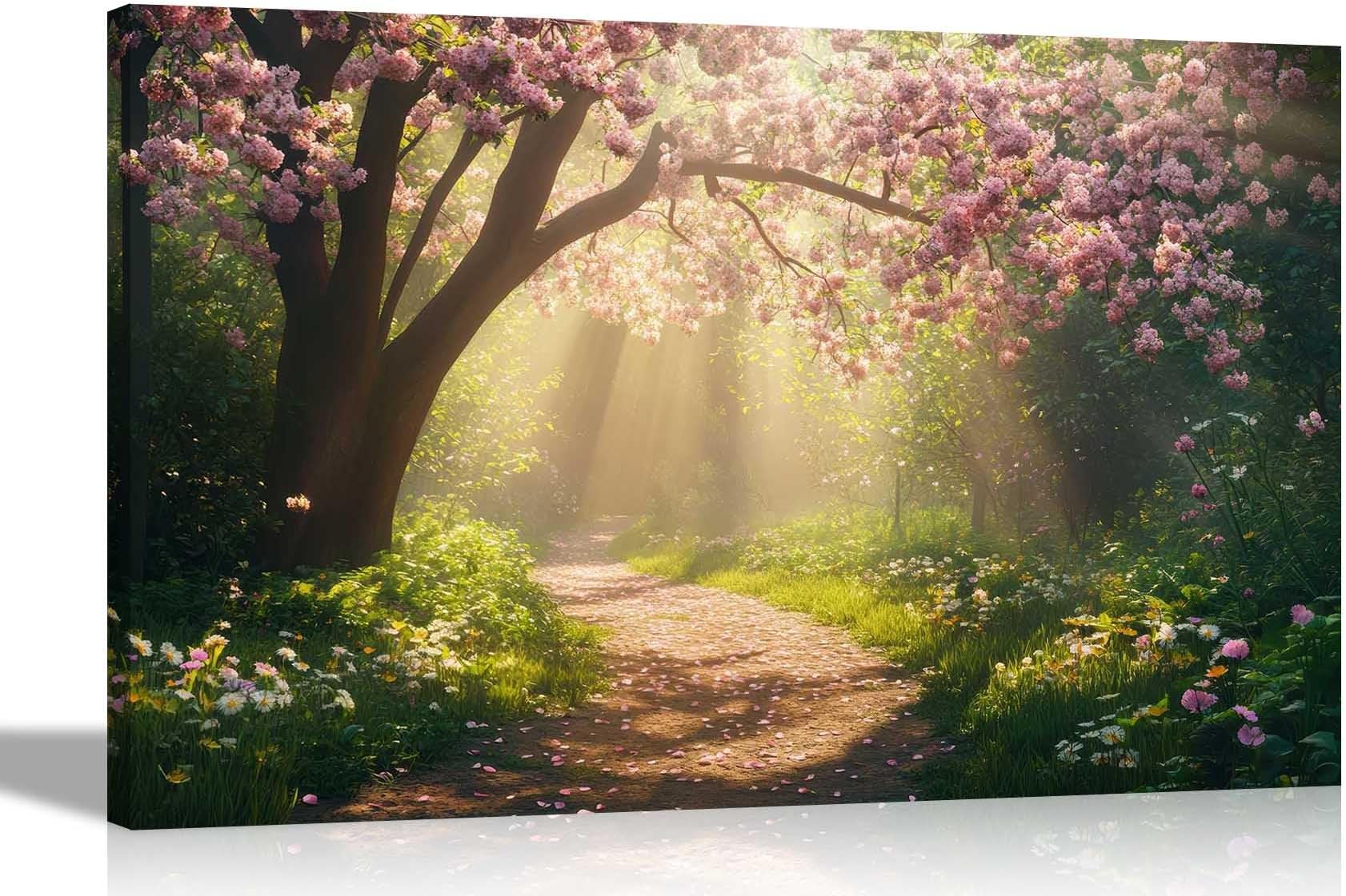 Spring Forest Sunlight Blossoming Tree Canvas Wall Art Pictures for Living Room Conservatory Hallway Prints Extra Large 101 x 76cm (40 x 30 inches)