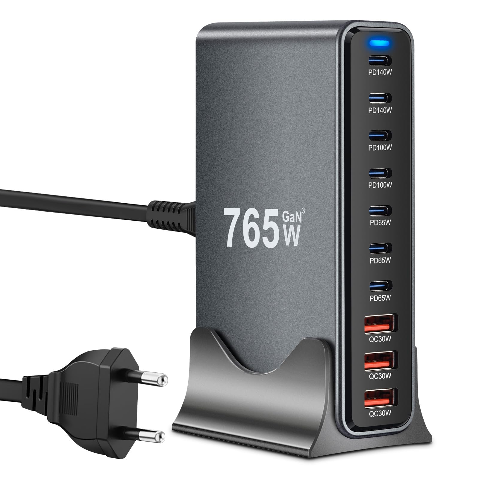 Chargeur USB C multiple 765 W PD 140 W Chargeur rapide 10 ports Station de charge GaN-III Chargeur avec 7 ports USB-C et 3 ports USB-A pour MacBook iPad Pro/Air, iPhone 16 15 Pro Max, Samsung, Xiaomi