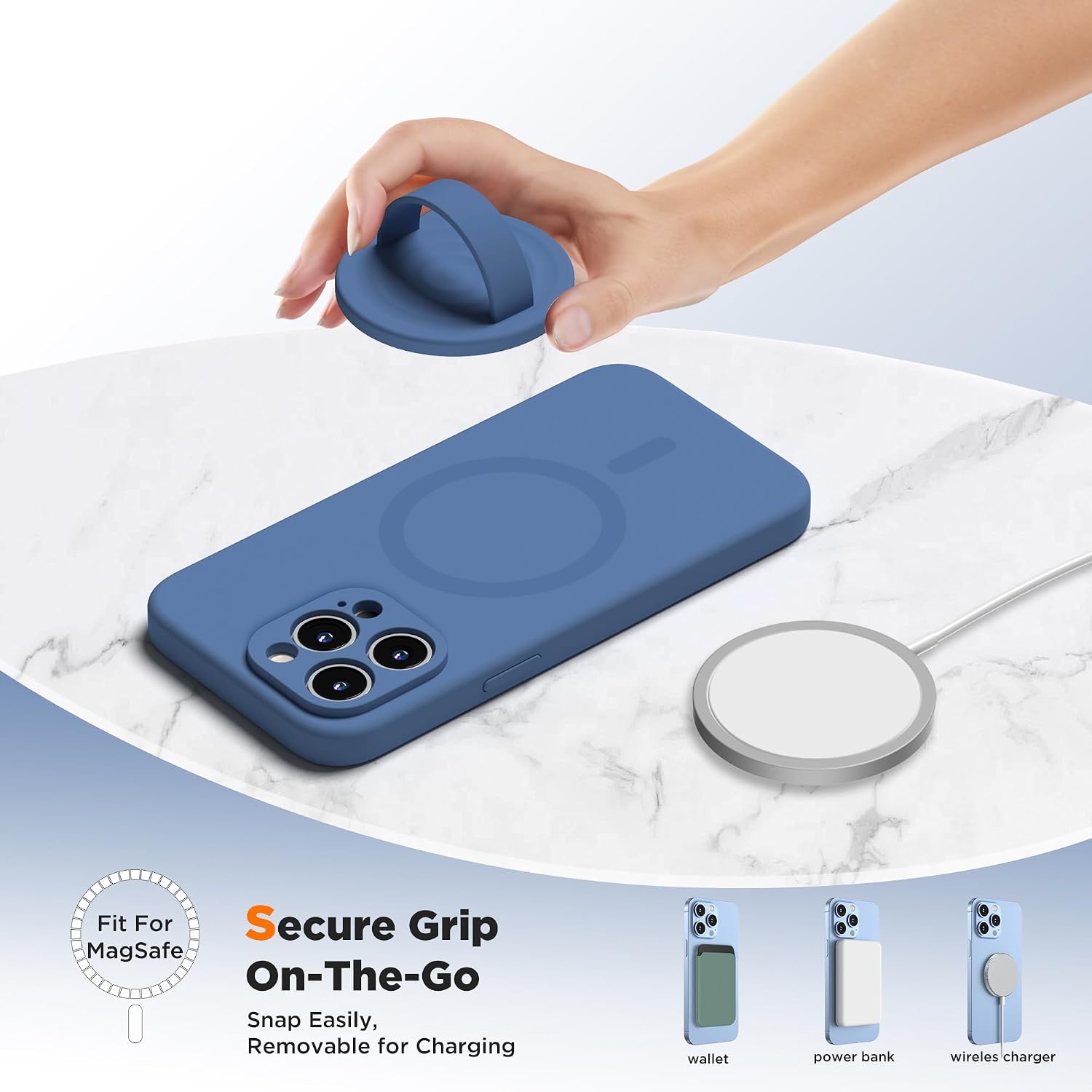 Upgraded Magnetic Phone Grip, Liquid Silicone Soft and Portable, Removable Finger Loop Ring Grip Holder for iPhone, Strong Magnetic Attraction, Compatible with MagSafe Phone Case, Azure Blue image 3